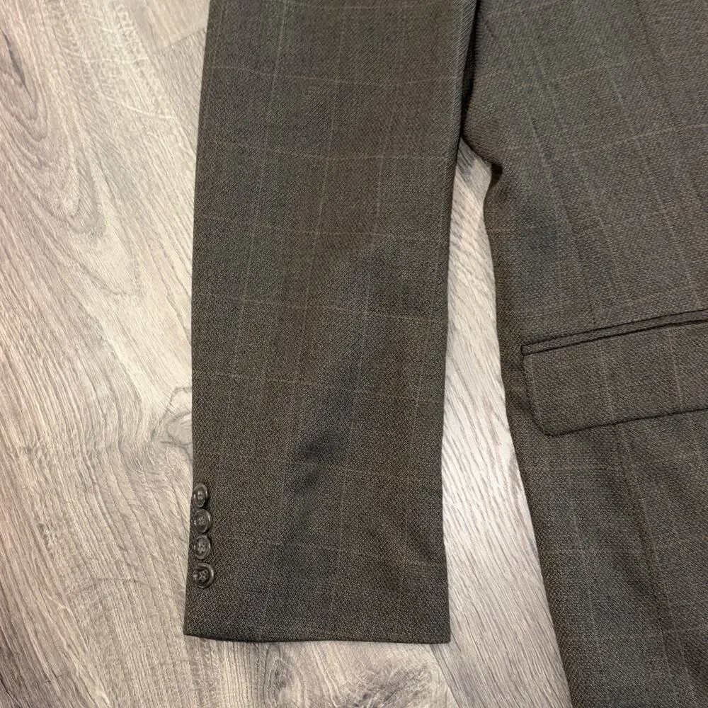 Haggar Mens Sport Coat Blazer 2 Button Brown Plaid Windowpane Jacket Size 46L